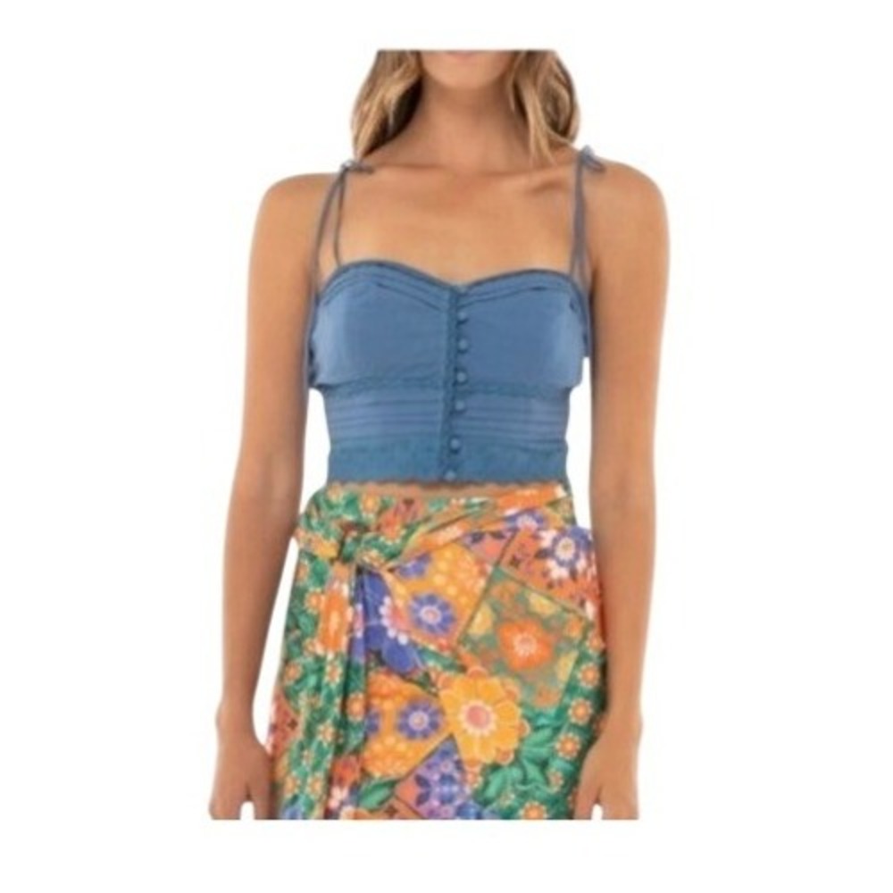 Agua Bendita Ariel Crop Top Blue Cotton Poplin Knit Lace Detail Button‎ Front S
